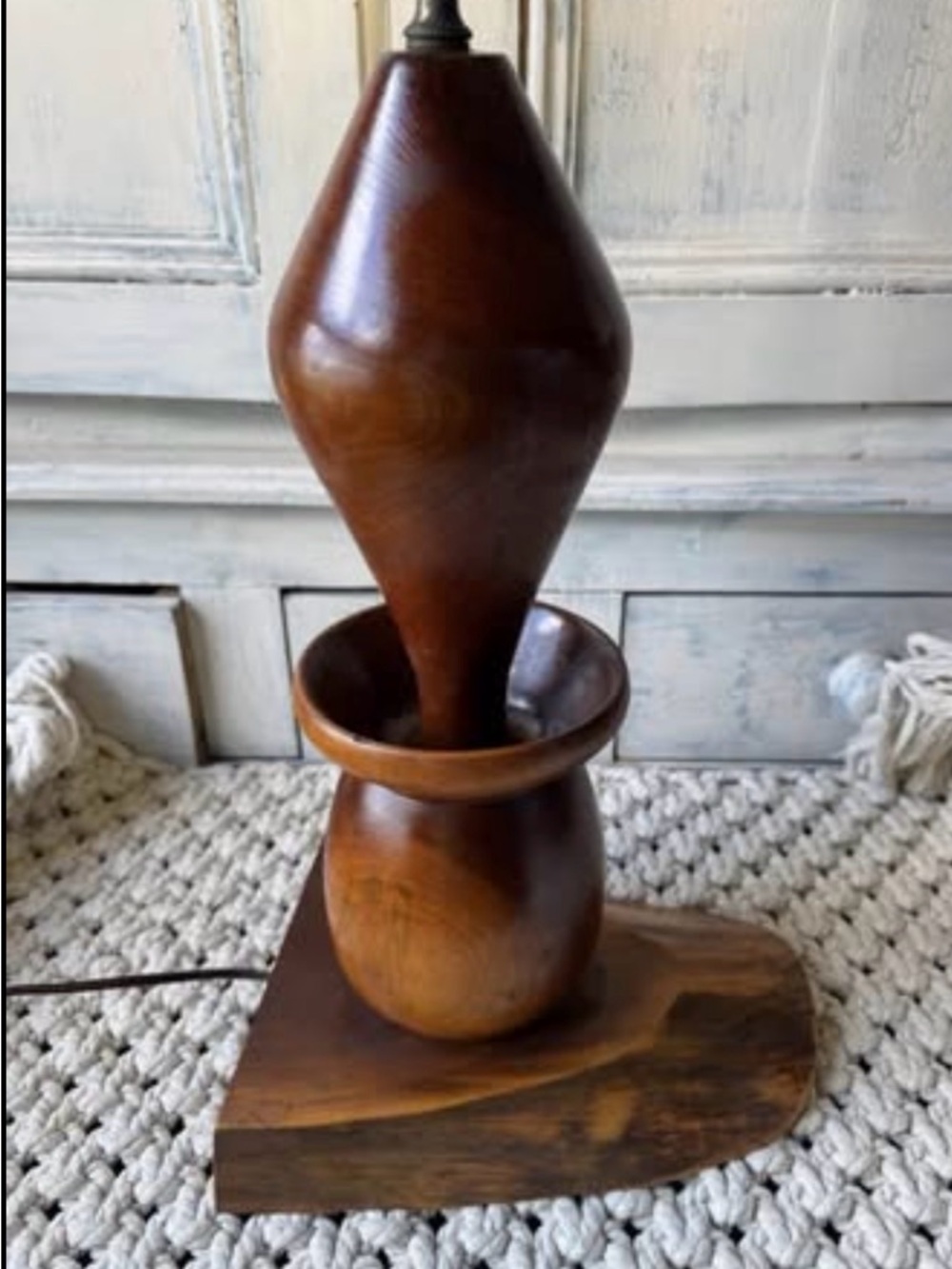 Vintage Mid Century Walnut Lamp Atop Walnut Slab